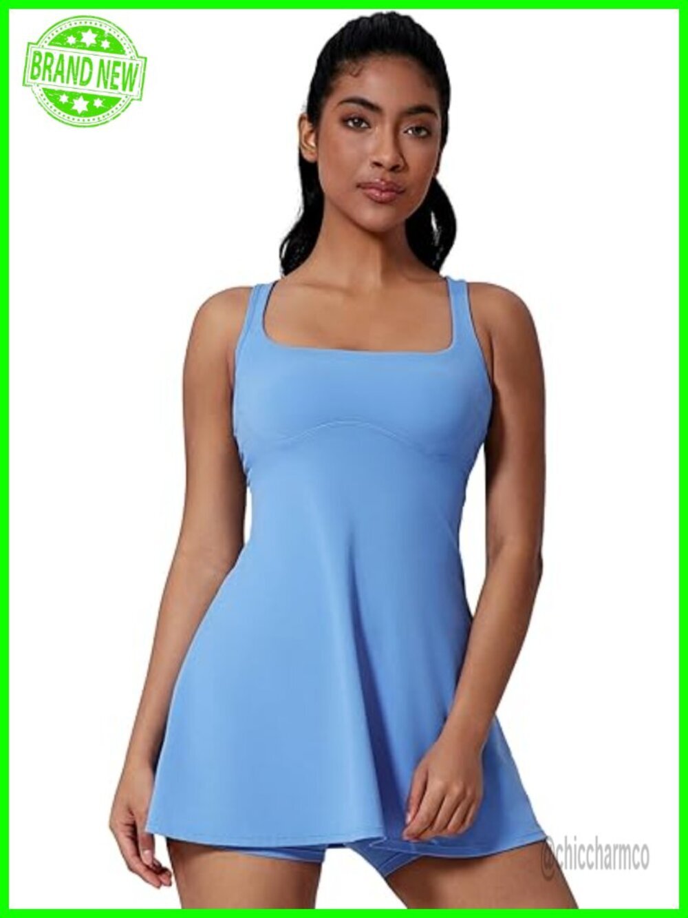 2-Piece Tennis Dress Set with Shorts and Pockets Square Neck Sleeveless Athletic